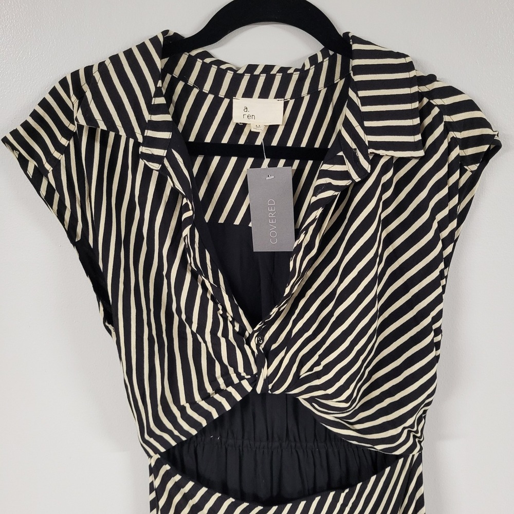 a.ren Covered Rae Dress Women's M Black Beige Stripe Sleeveless Cut Out Maxi NWT